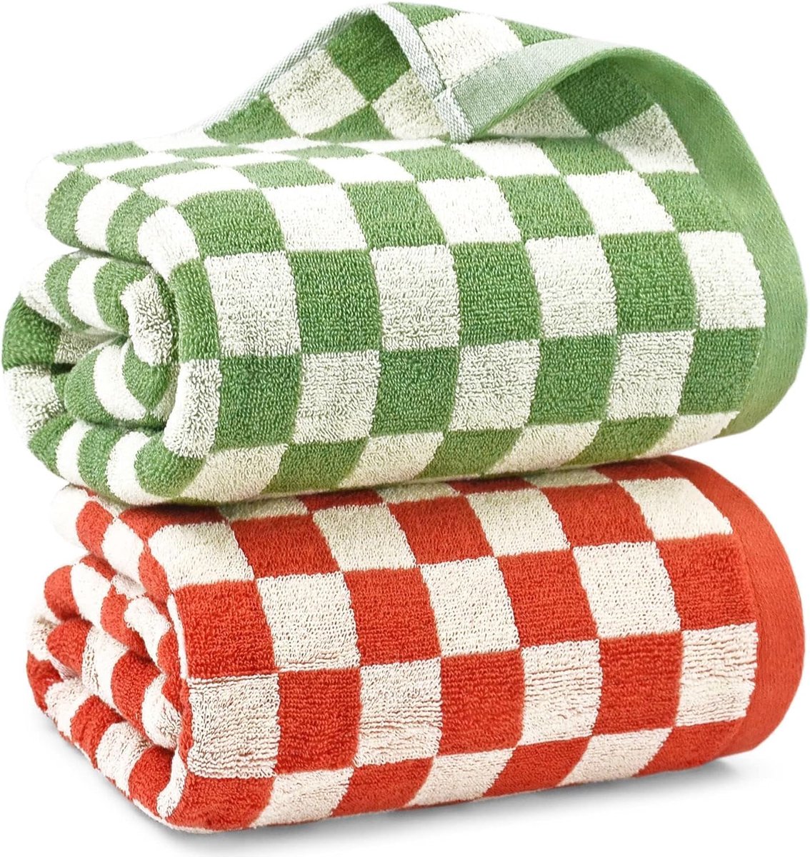 Thijox - Geruite Badhanddoeken Set van 2, Super Absorberend en Sneldrogend, 140 x 69 cm, Oranje + Groen, Ideaal voor Badkamer, Strand, Zwembad en Crui