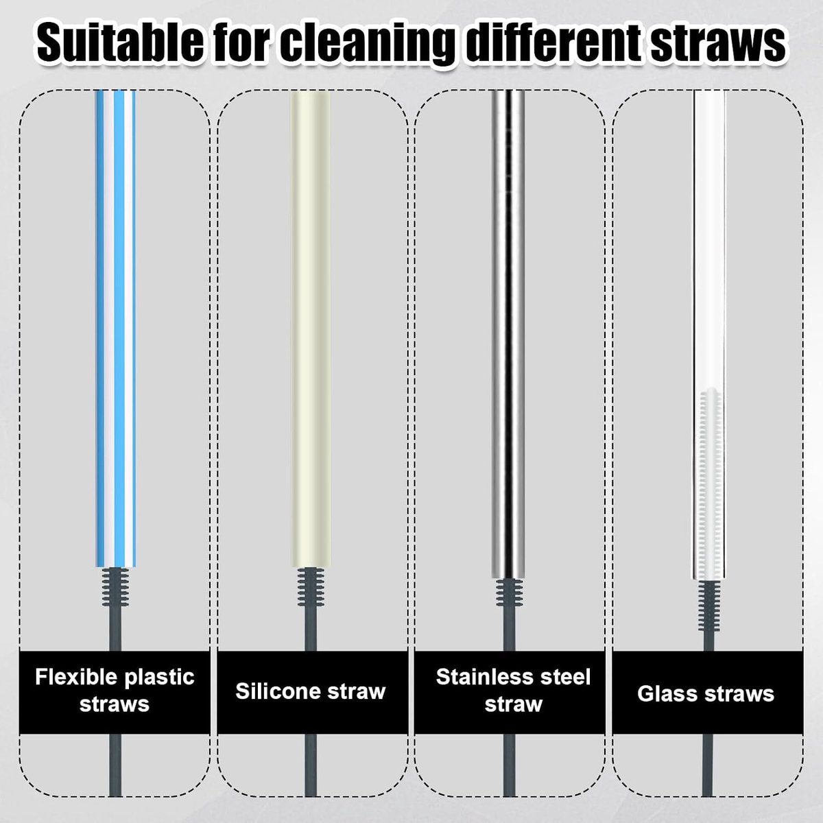 SnelShoppen - 3Pcs Reusable Siliconen Rietjes Borstelset - 24cm Lange Reinigingsborstels voor Waterflessen - 6/8/10mm - Keuken Schoonmaak Tool - Grijs