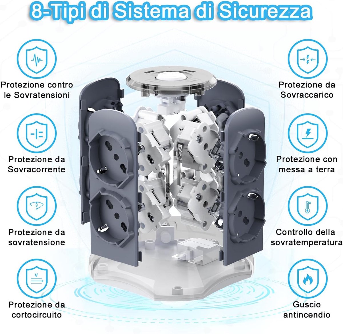 SnelShoppen - Verticale Stekkerdoos met 8 Universele Stopcontacten, 2 USB-C & 2 USB-A, 4000W/16A, 2m Snoer met Schakelaar, Ideaal voor Thuis, Kantoor,