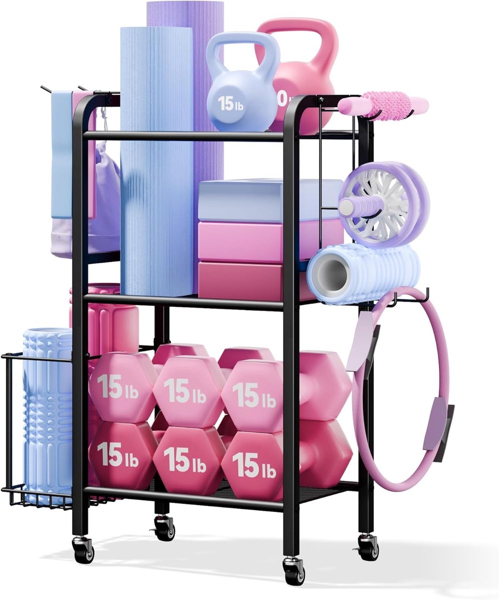 SnelShoppen - Heavy-Duty 3-Tier Home Gym Opslagrek met Haken en Wielen voor Sportuitrusting, Staal, Multifunctioneel, Ideaal voor Yoga, Dumbbells, Ket