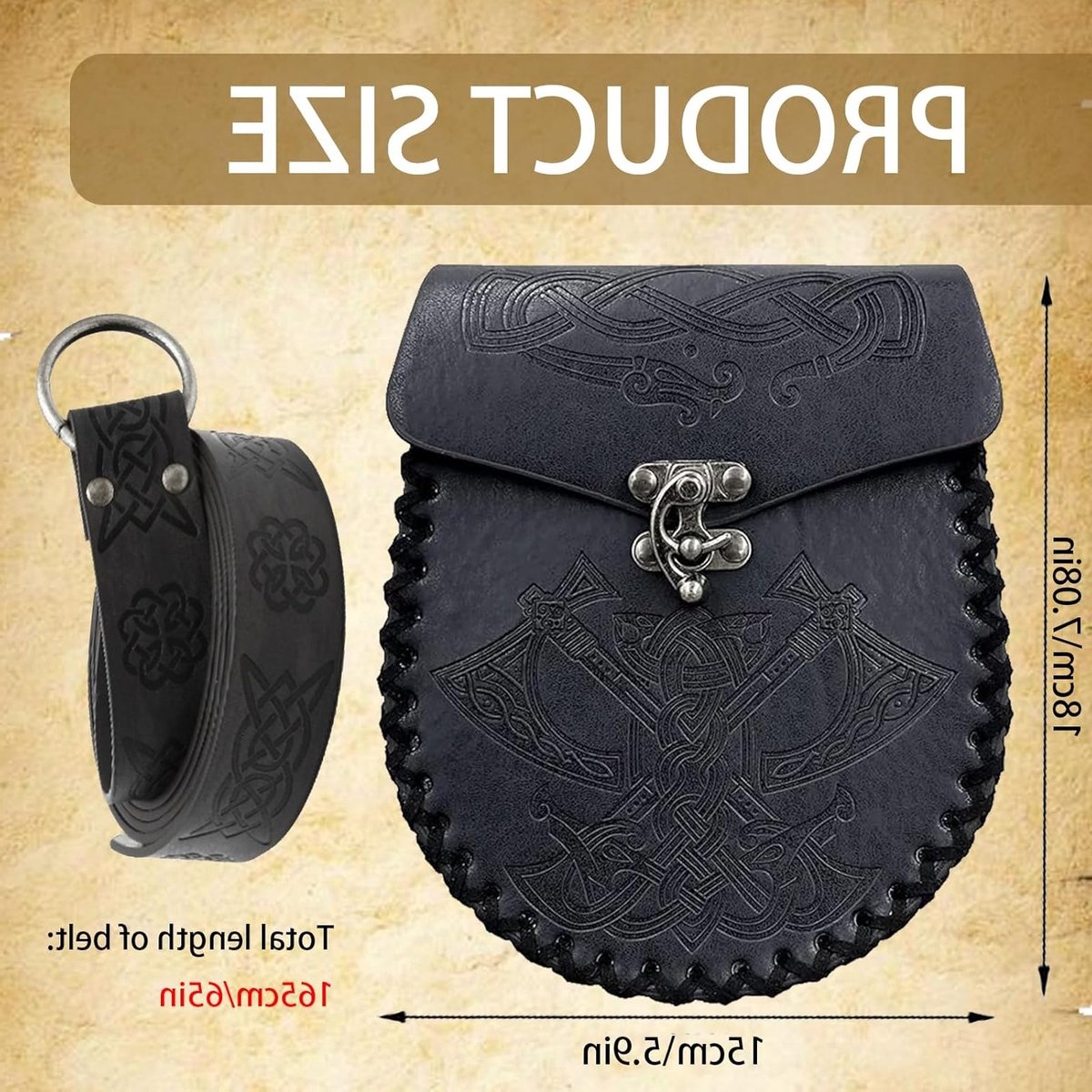 Gegraveerde Middeleeuwse Tas en Riem, Geschikt voor Vikingen, Piraten, Tovenaars en Ridders, Zwart, One Size, Perfect voor Renaissance Kostuum