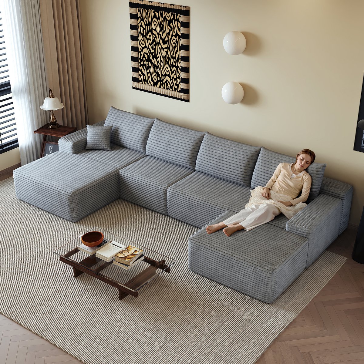 Hoekbank Modulaire L Vormige Chaise Longue Zonder Montage Voor Woonkamer Slaapkamer En Appartement Corduroy Grijs