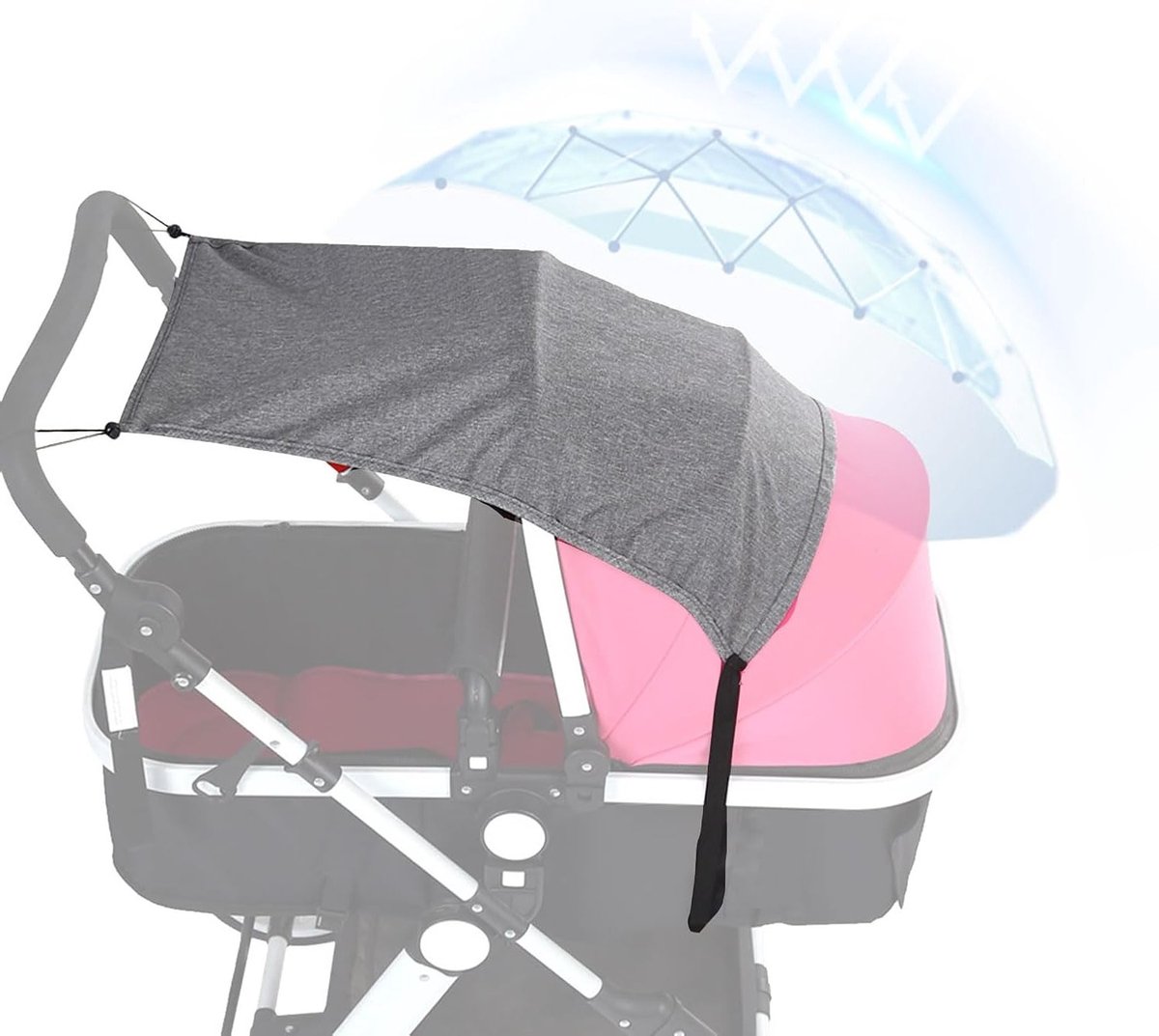 Verstelbare Zonnekap voor Kinderwagen met UV Bescherming 50+, Inclusief Opbergtas en Effectieve Zonnebescherming in Grijs