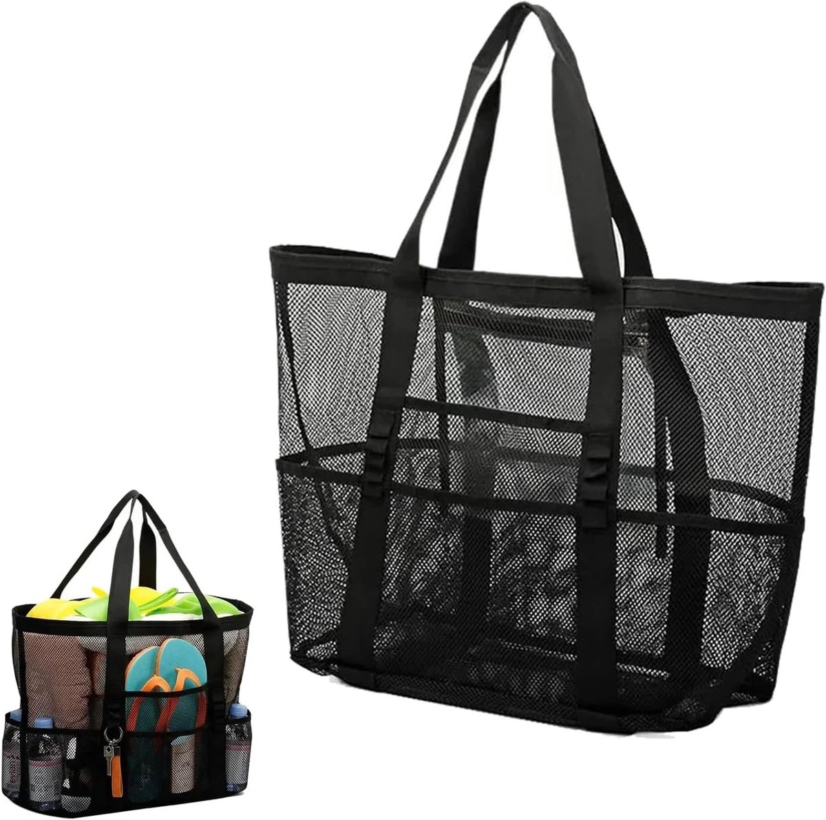 Grote Mesh Strandtas met Waterdichte Vakken en Rits, Ideaal voor Vakantie, Gym en Zand Speelgoed
