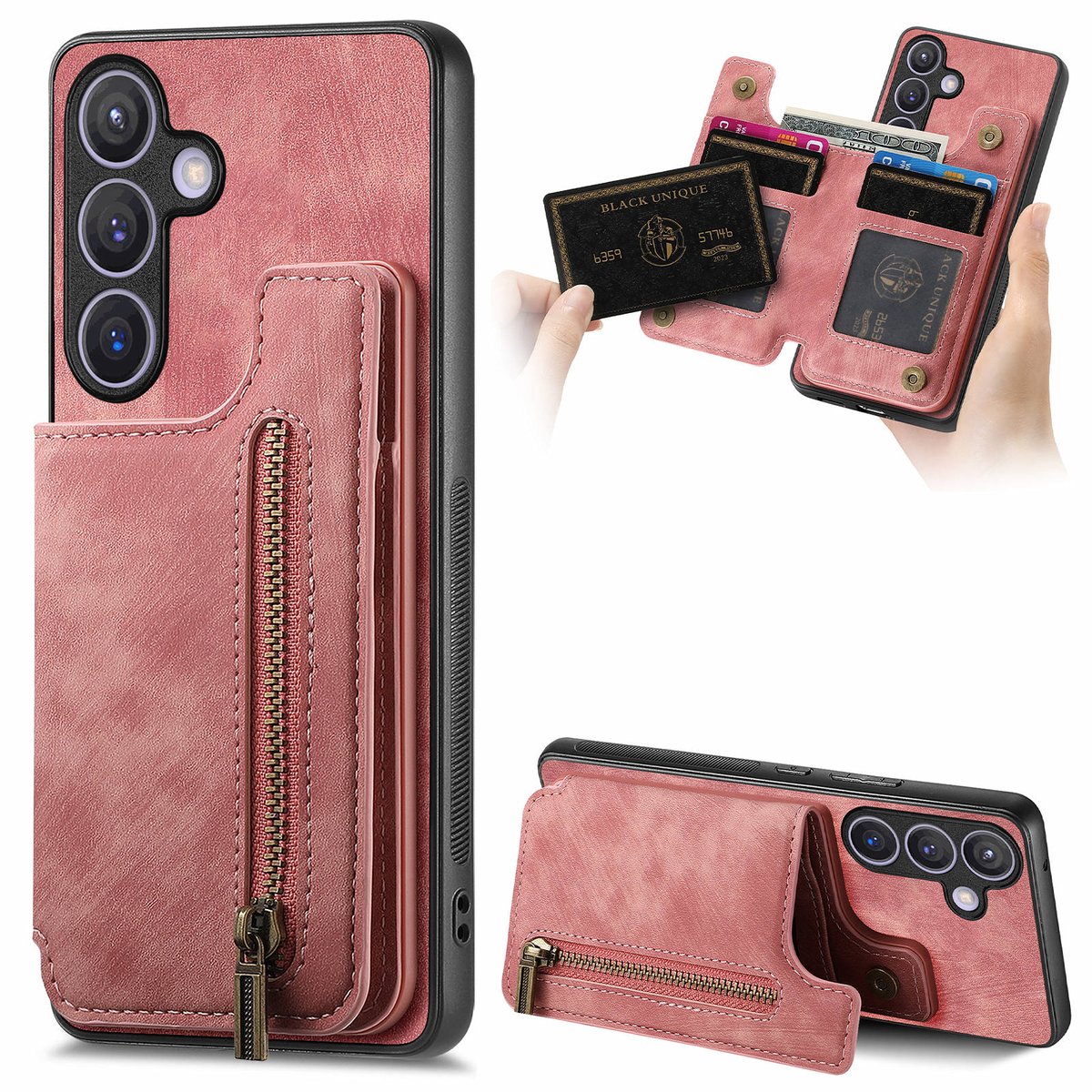 Silicone TPU en kunstleer kickstand retro roze back cover hoesje case met rits - pasjeshouder - telefoonhoesje geschikt voor de Samsung Galaxy A27 5G