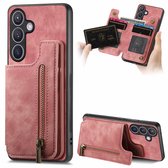 Silicone TPU en kunstleer kickstand retro roze back cover hoesje case met rits - pasjeshouder - telefoonhoesje geschikt voor de Samsung Galaxy A27 5G