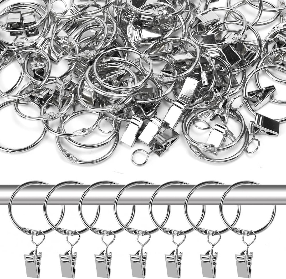 SnelShoppen - 50 Stuks Metalen Gordijnringen met Clips - Verstelbare Gordijnringen voor Binnen en Buiten - Stevig en Duurzaam - Zwart