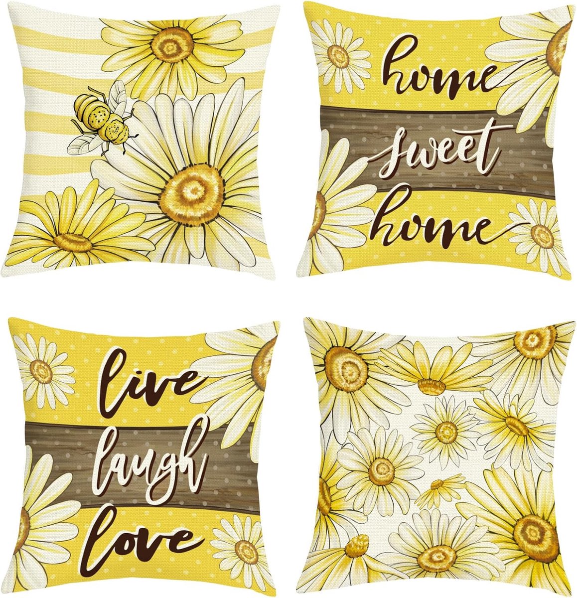 SnelShoppen - Decoratieve Kussenhoezen Set van 4 - Gele Zonnebloemen - 45 x 45 cm - Polyester Linnen - Voor Tuin, Woonkamer en Feestdagen - Met Verbor