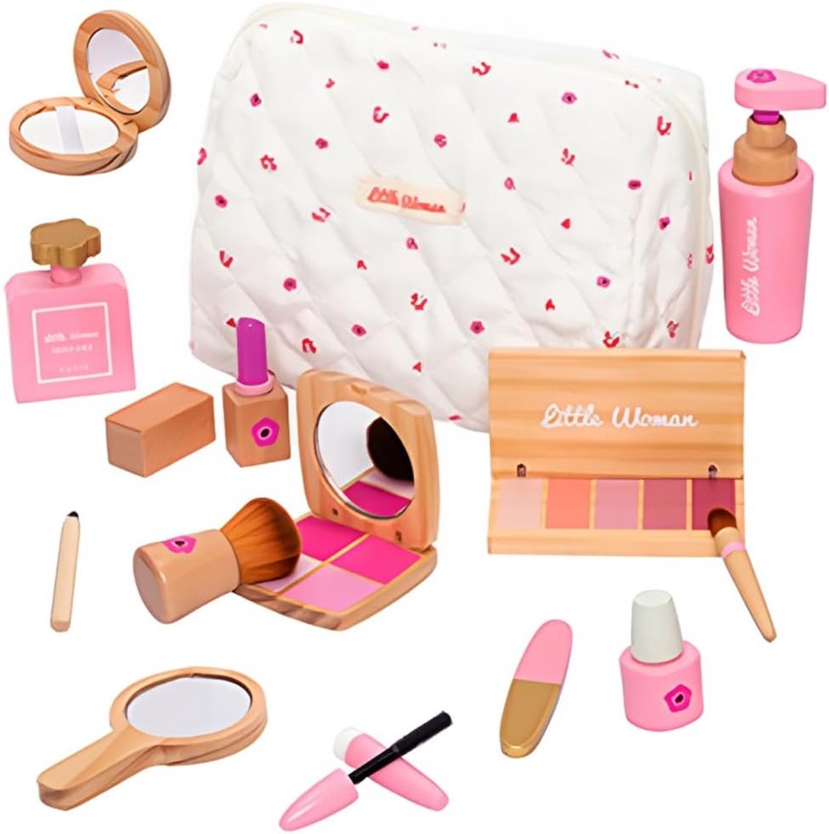 SnelShoppen - Houten Make-up Speelset voor Meisjes met Make-up Tas, Kinder Make-up Set, Cadeau voor Kerst, Verjaardag, Geschikt voor Kinderen vanaf 16