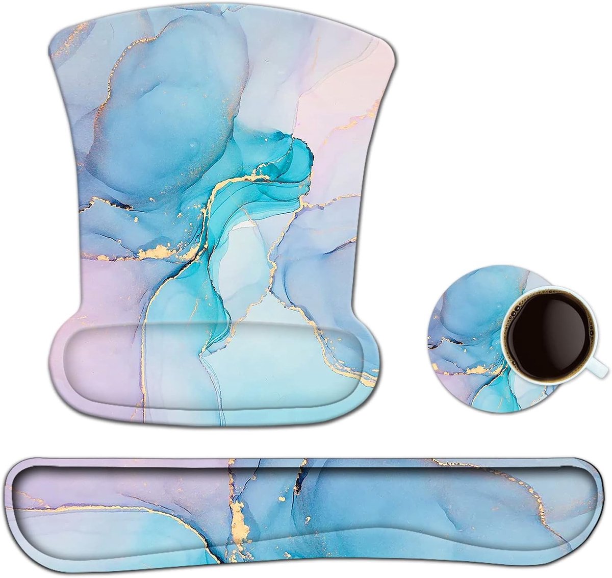 SnelShoppen - Ergonomische Muismat met Polssteun en Toetsenbord Polssteun Set, Gel Muismat met Coasters, Antislip Basis voor Computer, Thuiswerk, Makk
