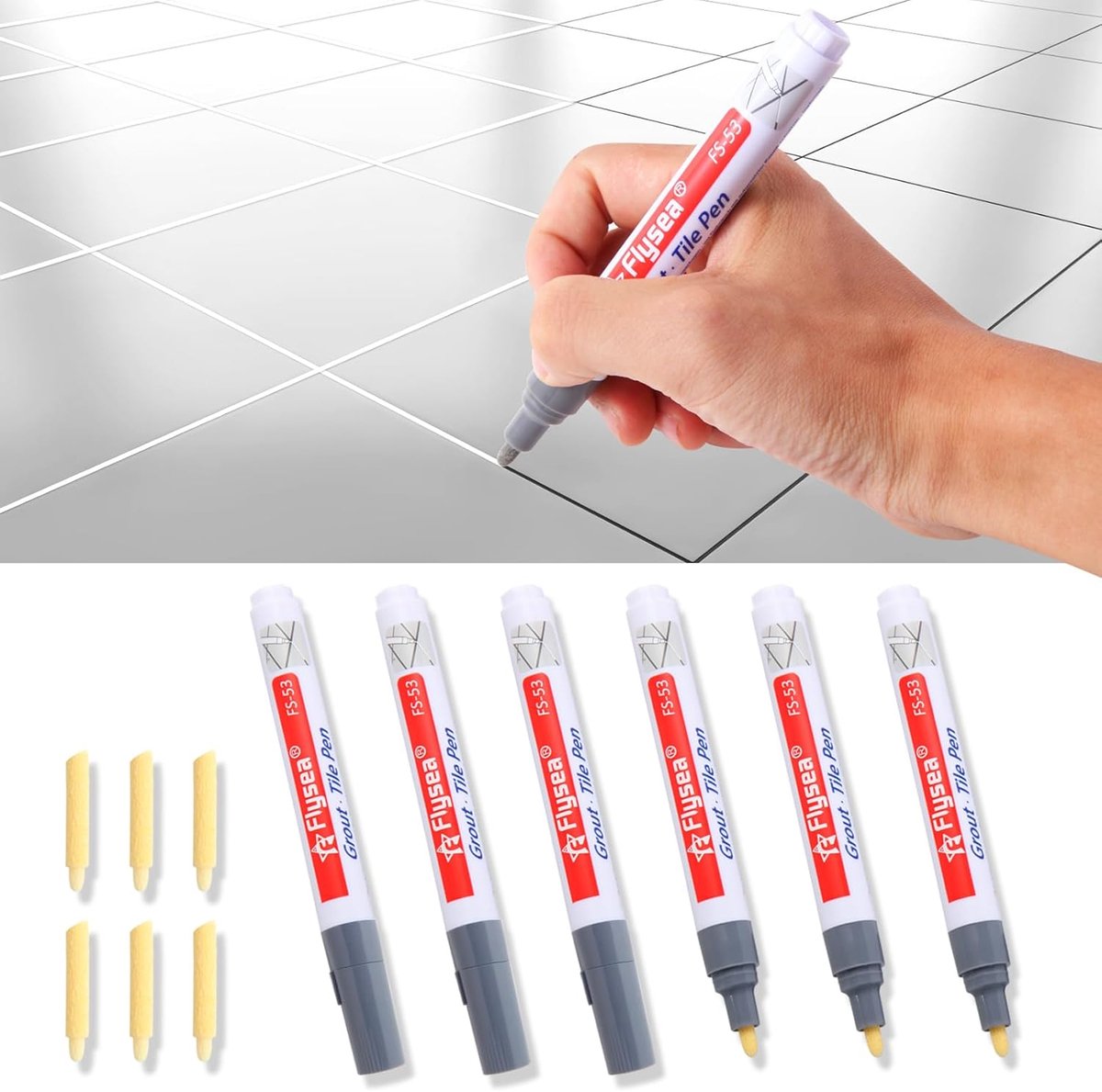 SnelShoppen - Grout Pen Light Grey 6 Stuks - Joint Mortar met Vervangtip - Waterdichte Tegelmarker voor Vloer, Wand, Badkamer en Keuken