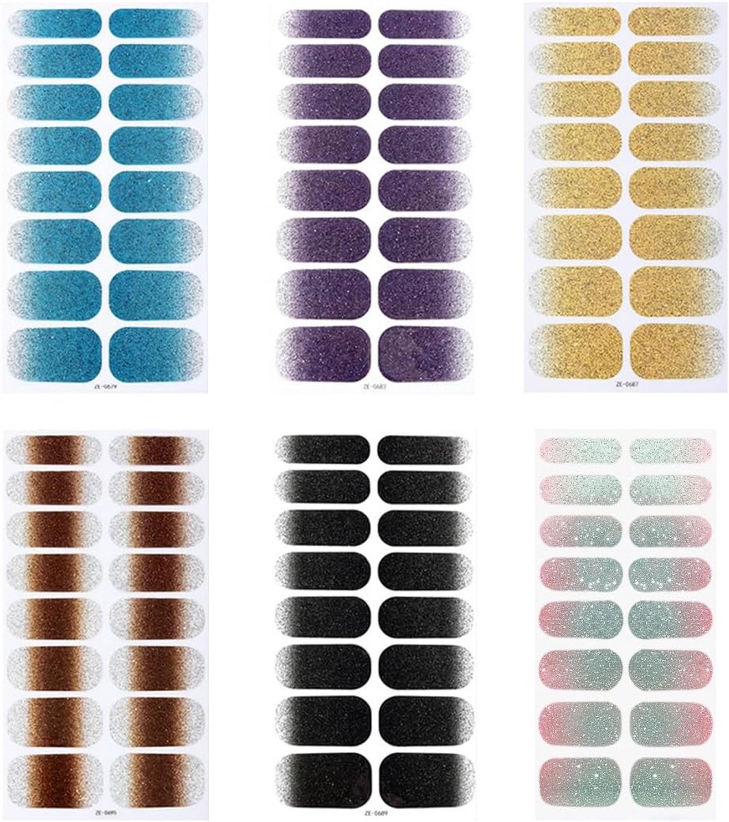 SnelShoppen - 6 vellen zelfklevende nagelfolie met glitter, unieke nagelstickers voor nail art, UV-hardende decoratie, dames en meisjes, doe-het-zelf