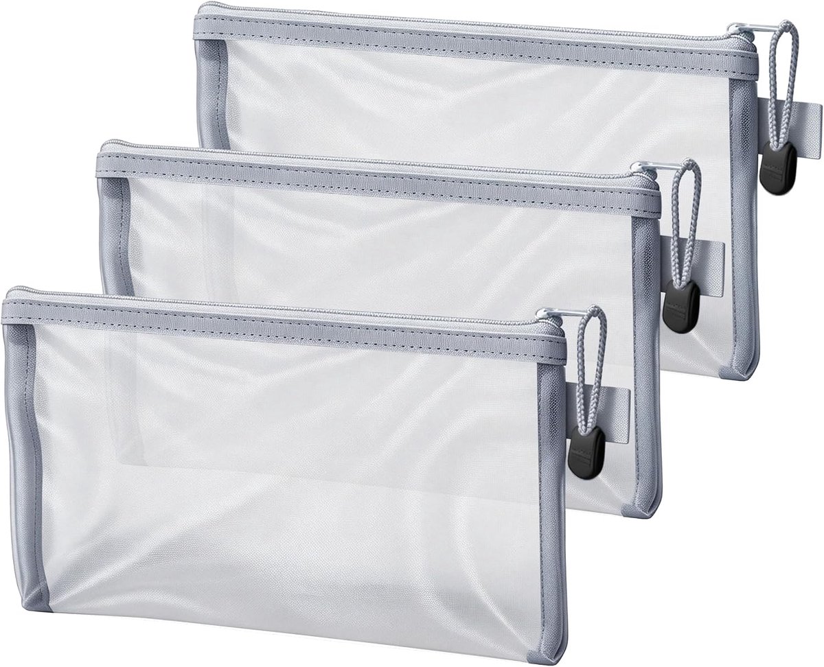 SnelShoppen - Set van 3 Transparante Etui Met Rits - 21,5 x 11 CM - Duurzaam Nylon - Ideaal Voor School, Werk, Reizen, Cosmetica, Toiletartikelen (Gri