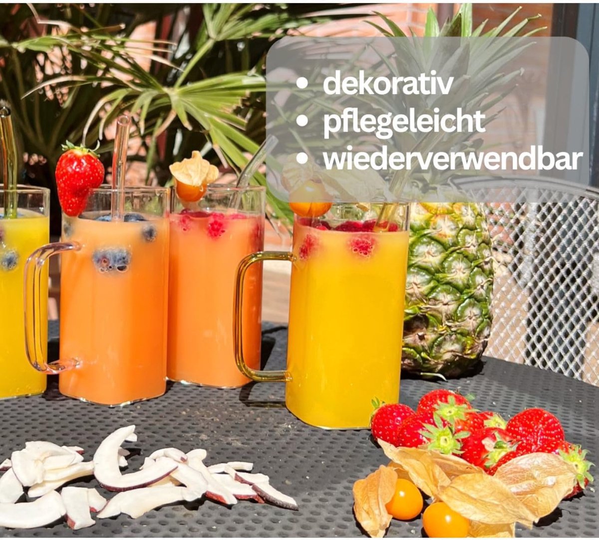 SnelShoppen - Set van 6 Drinkglazen 350 ml met Handvat, Roze, Deksel en Rietje, Borosilicaatglas Cocktailglazen, Longdrinkglazen voor Feest, Tuin, Bal