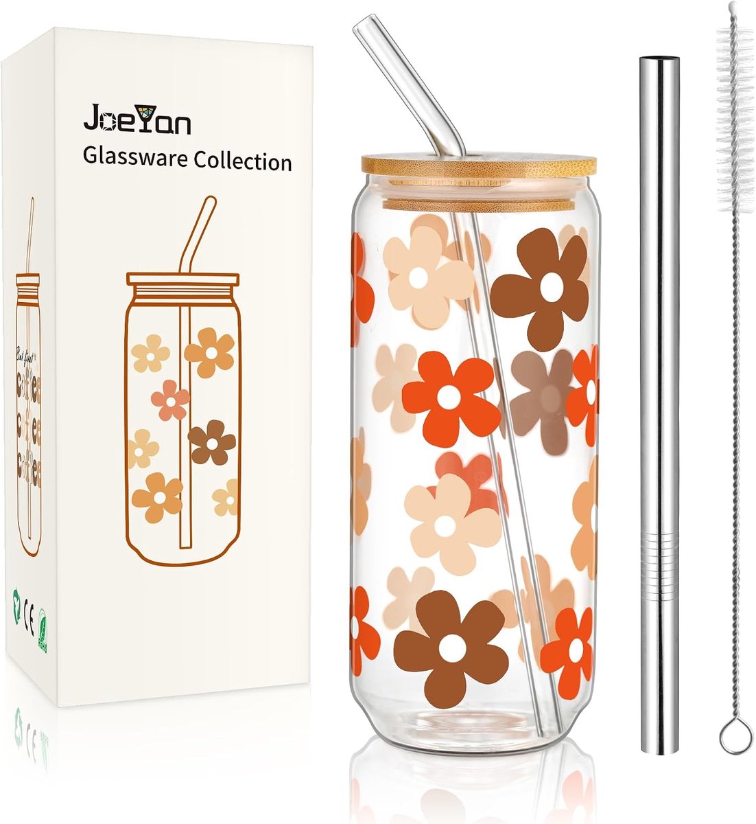 SnelShoppen - 600ml glazen drinkbeker met bamboedeksel, trendy drinkglazen met bloemenpatroon, ideaal voor iced coffee, bubble tea, smoothies - glazen
