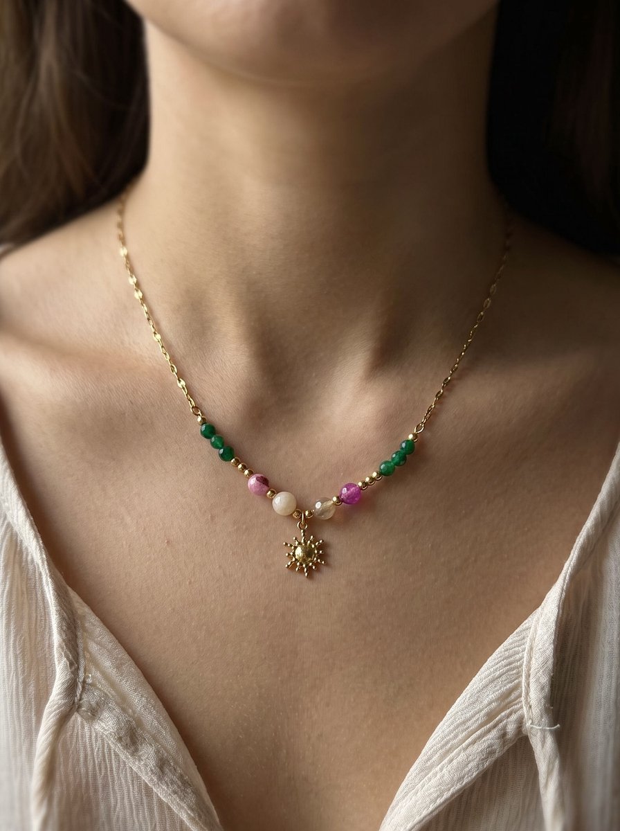 Anelplus Goudkleurige Ketting met Kleurrijke Kralen en Zonhanger – Zomerse Dames Sieraad