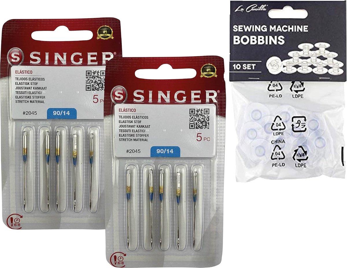 SnelShoppen - Pack van 10 Naaimachine Naalden 2045 Dikte 90/14 voor Jersey, Elastische Stoffen en Plugs 130/705 H-S Universeel + 10 Transparante Blikk