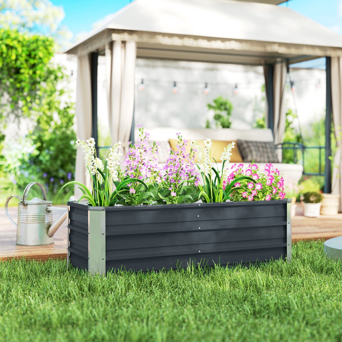 COVREO Moestuinbak 125x47x40 cm - staal, grijs, open bodem, inclusief handschoenen