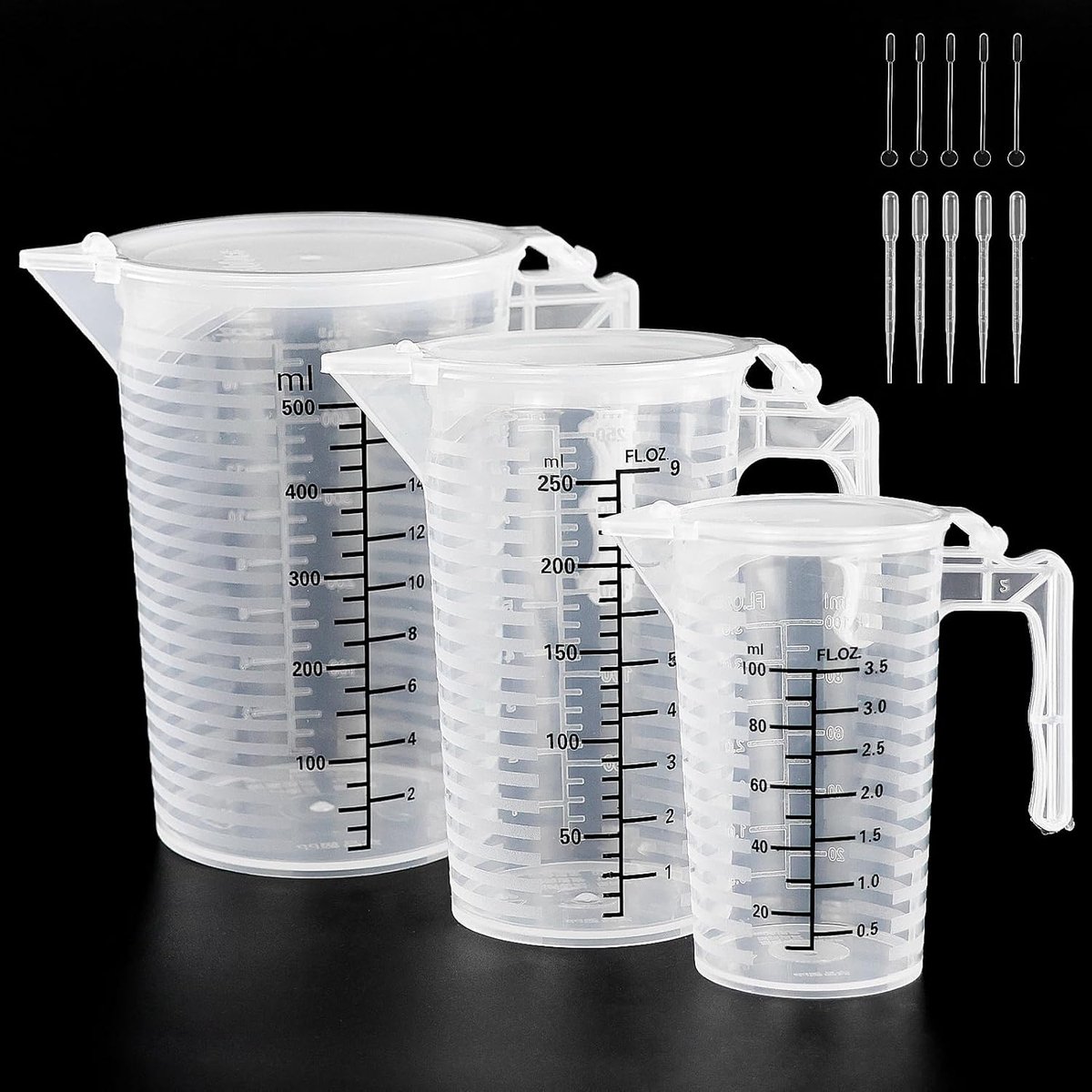 SnelShoppen - 3-Piece Measuring Cup Set - 100 ml, 250 ml, 500 ml - Transparant Plastic - Inclusief Deksel, 3 x 2 ml Pipettes, 3 x Roerstaafjes - Keuke