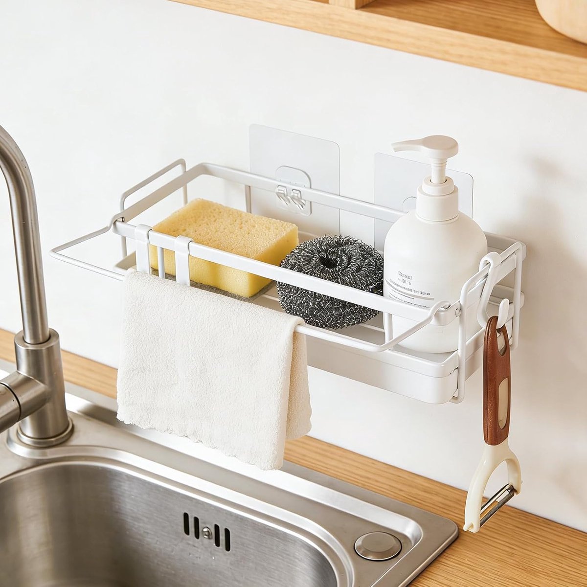 SnelShoppen - Sink Organiser Keuken Organiser met Hangende Drainer voor Sponsen, Borstels en Zeep, Wit, 25.7x9.5x7 cm, Ruimtebesparend