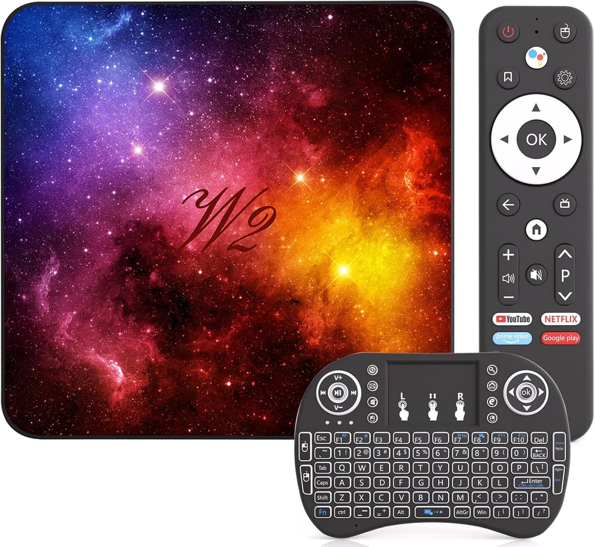 SnelShoppen - Android TV 14 Box met Quad-Core Processor, 4GB RAM, 128GB ROM, WiFi 6, Bluetooth 5.0, HDMI & USB 2.0, Inclusief Mini-Toetsenbord - Sterr