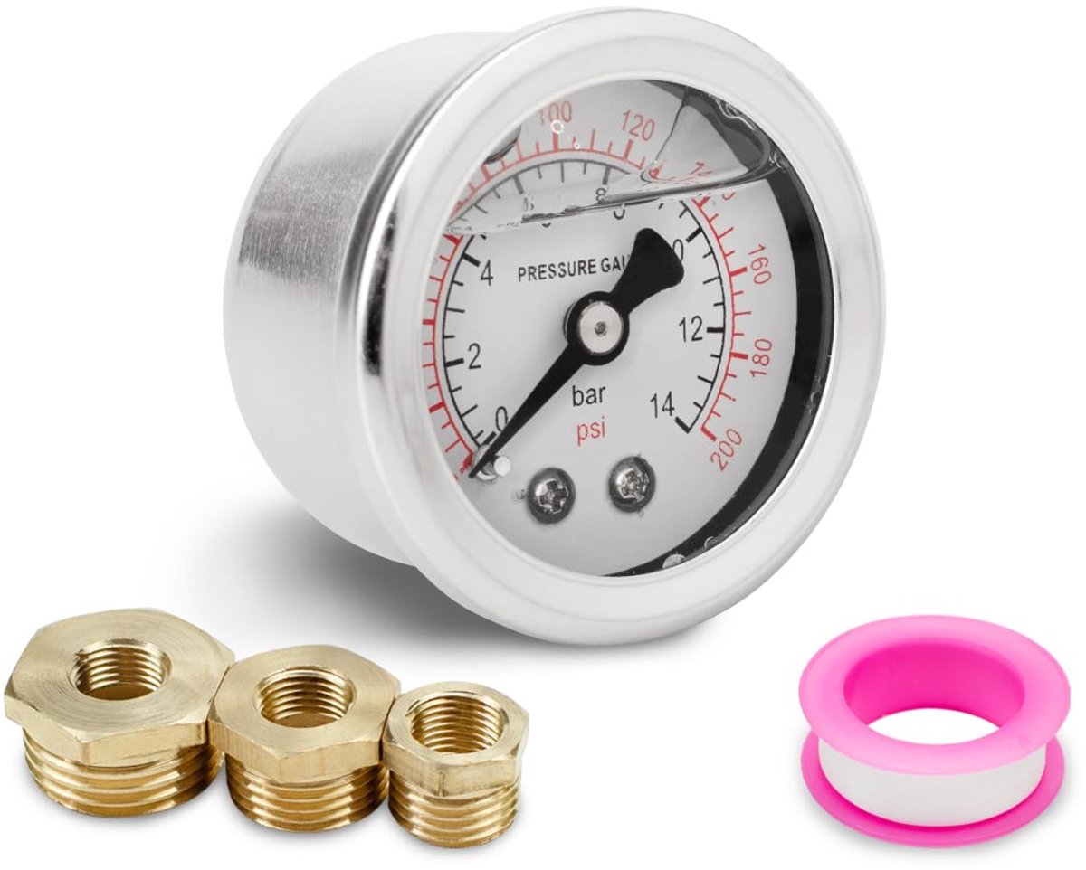 SnelShoppen - 40mm Drukmeter met 3 Aansluitingen, 0-14 Bar, 0-200 Psi, Teflon Tape, Axiale Aansluiting, BSP 1/8" voor Vloeistof en Gas