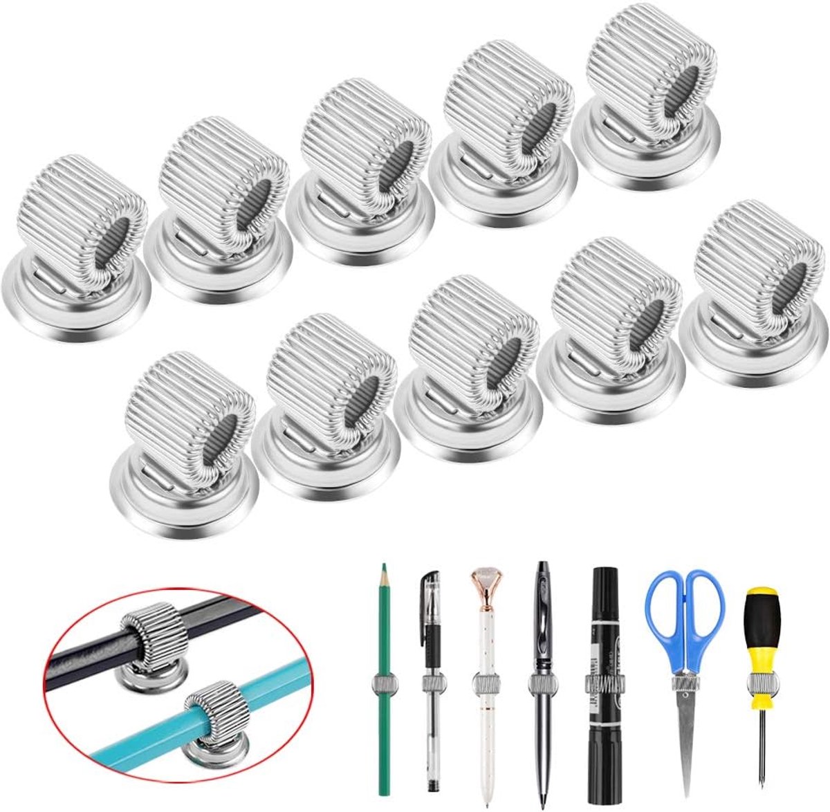 SnelShoppen - 10 Stuks Sterke Magnetische Penhouder Clips met Verstelbare Veer, RVS Pennenclips Geschikt voor Alle Pen- en Markerformaten, Ideaal voor