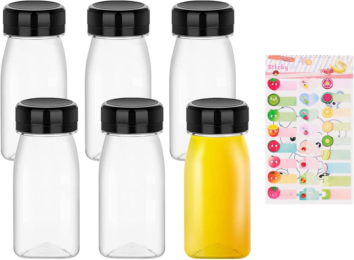 SnelShoppen - 6 x Plastic Sapflessen 100ml met Fruitlabel, Luchtdichte Deksel voor Sap, Melk, Smoothies, Huisgemaakte Dranken, Ideaal voor Feest, Camp