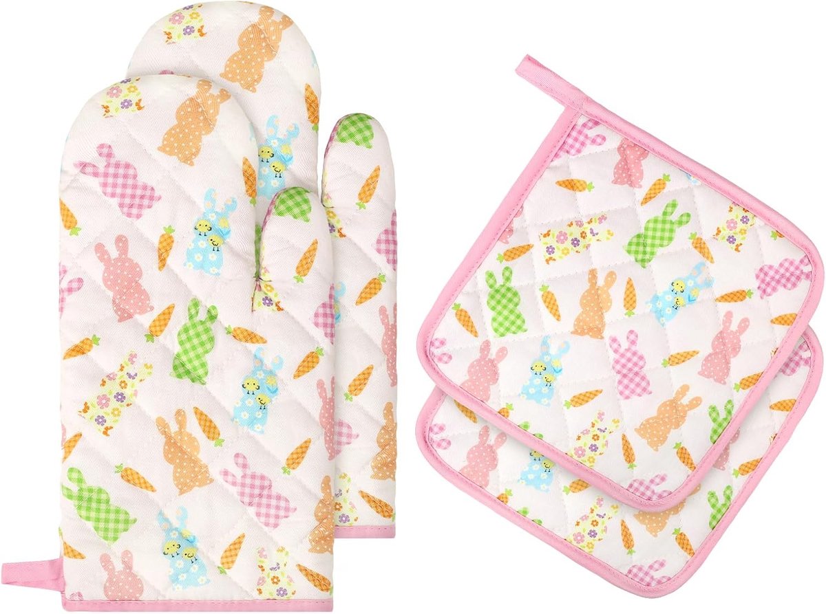 SnelShoppen - Lente Konijn Cartoon Ovenwant en Potholders Set van 4 - 100% Katoen, Hittebestendig, Extra Lange Ovenhandschoenen & Warmte Pads voor Kok