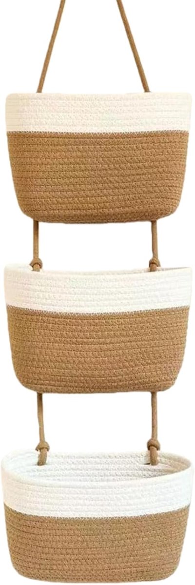 SnelShoppen - Hangende Baskets 3 Laags Wandorganizer - Katoenen Koord - Ruimtebesparende Opberger voor Badkamer, Keuken, Slaapkamer - Lichtbruin