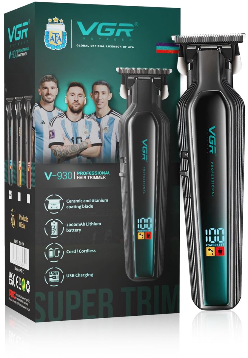 VGR V-930 Professionele Trimmer - Baardtrimmer en Haartrimmer - 360 Min Accuduur - Keramische & Titanium Gecoate Messen - LED Display - USB-C - Groen