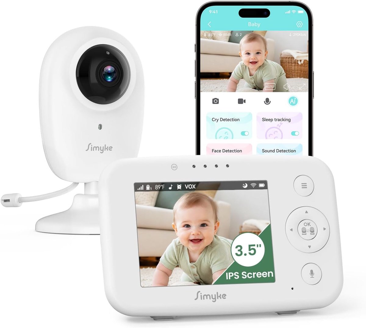 Thijox - Video-babyfoon met 3,5 inch HD-scherm, 2-weg communicatie, HD-video en audio, nachtzicht, temperatuur VOX, slaapliedjes, babybewaking