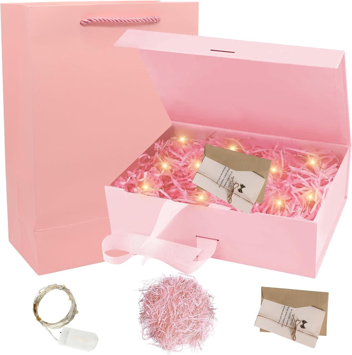SnelShoppen - Luxe Gift Box 21 x 17 x 7 cm met Deksel, Cadeaubox met Strik + Kaart + Tas + Creatief + LED Licht, Magnetische Cadeauverpakking voor Bru