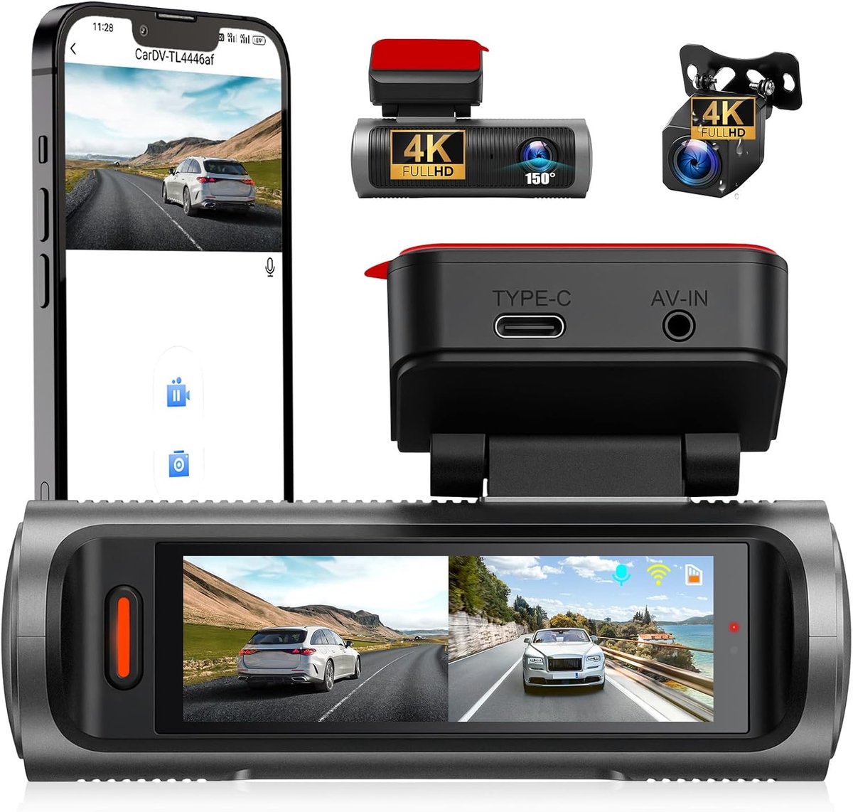 Thijox - 4K Dashcam Auto Voor en Achter met 3,19 Inch Touchscreen, G-sensor, App-Bediening, Parkeerassistent, Loopopname en Nachtzicht