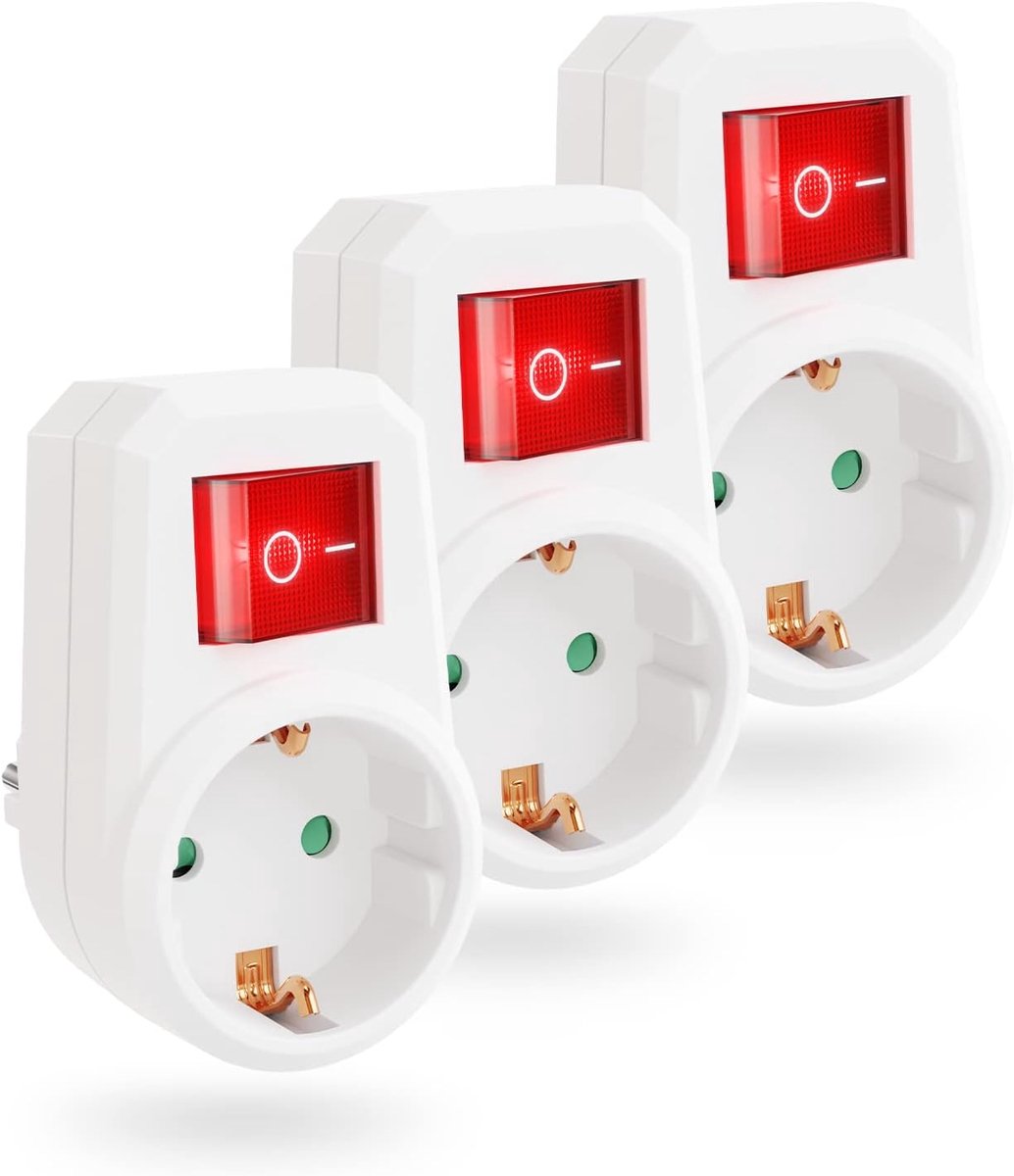 SnelShoppen - 3 x Plug Adapter met Verlichte Schakelaar - Veiligheidssocket met Aardlekschakelaar - Ideaal voor Thuis, Camping, Keuken en Tuin