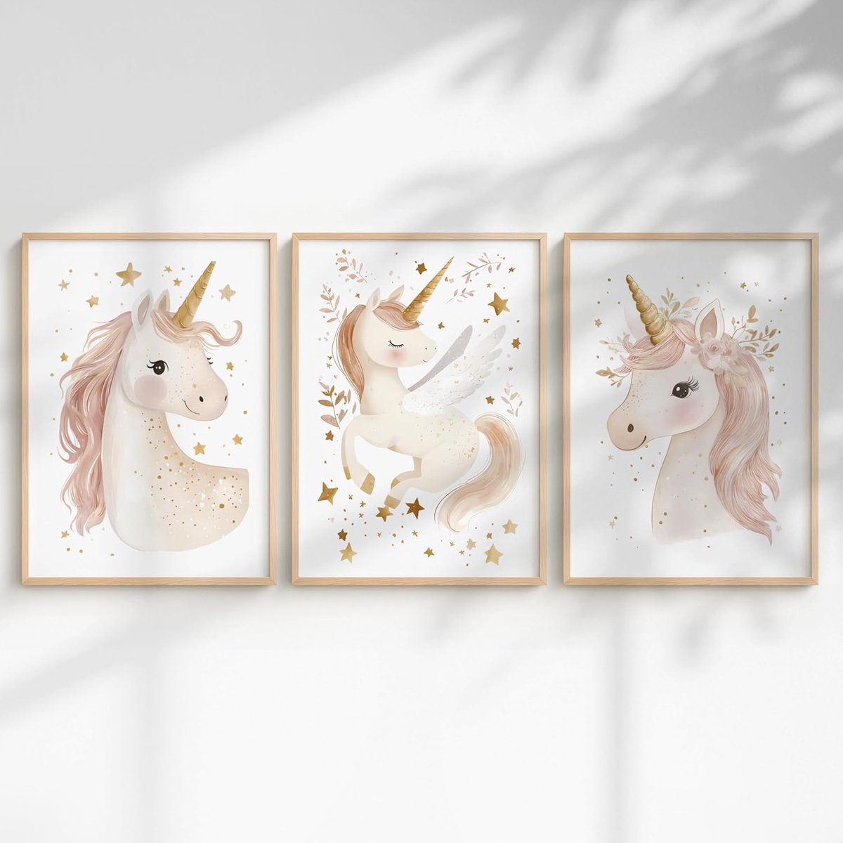 SnelShoppen - Set van 3 Posters voor Kinderen, Meisjeskamer Decoratie, Eenhoorn Prinses en Dieren Regenboog Wanddecoraties, DIN A4 Premium Papier, Sch