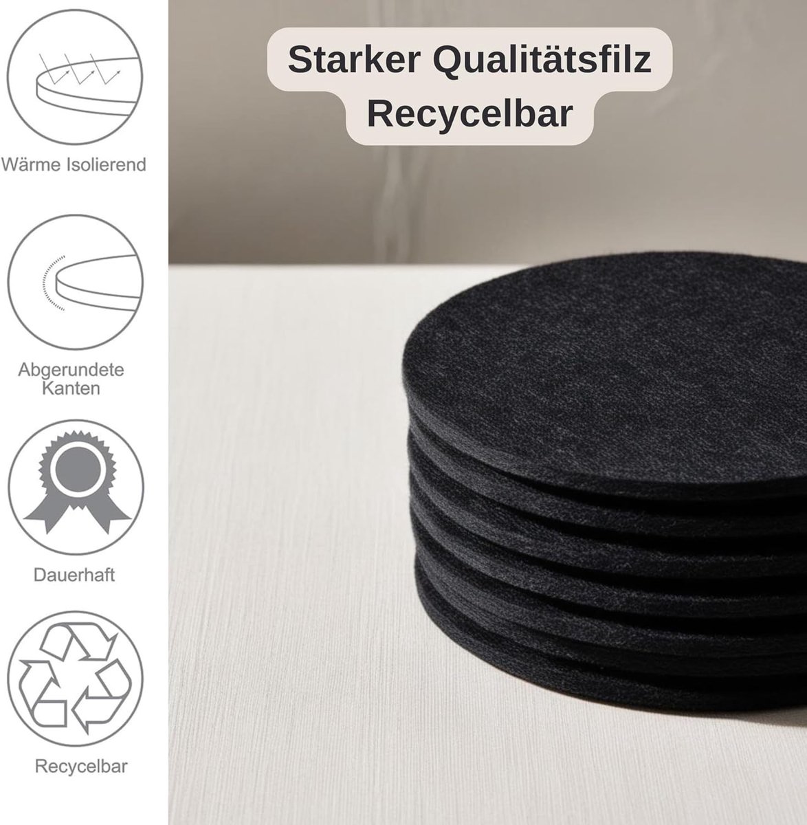 Thijox - Set van 18 Onderzetters Glazen, Ronde Vilt Onderzetters 3 mm Dikte, Zwart met Metalen Houder, Tafelonderzetters voor Bar, Keuken en Kantoor