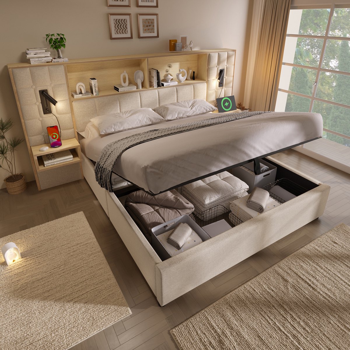 COVREO Gestoffeerd bed 160x200 cm - met opbergruimte, leeslampen, USB-C en beige stof