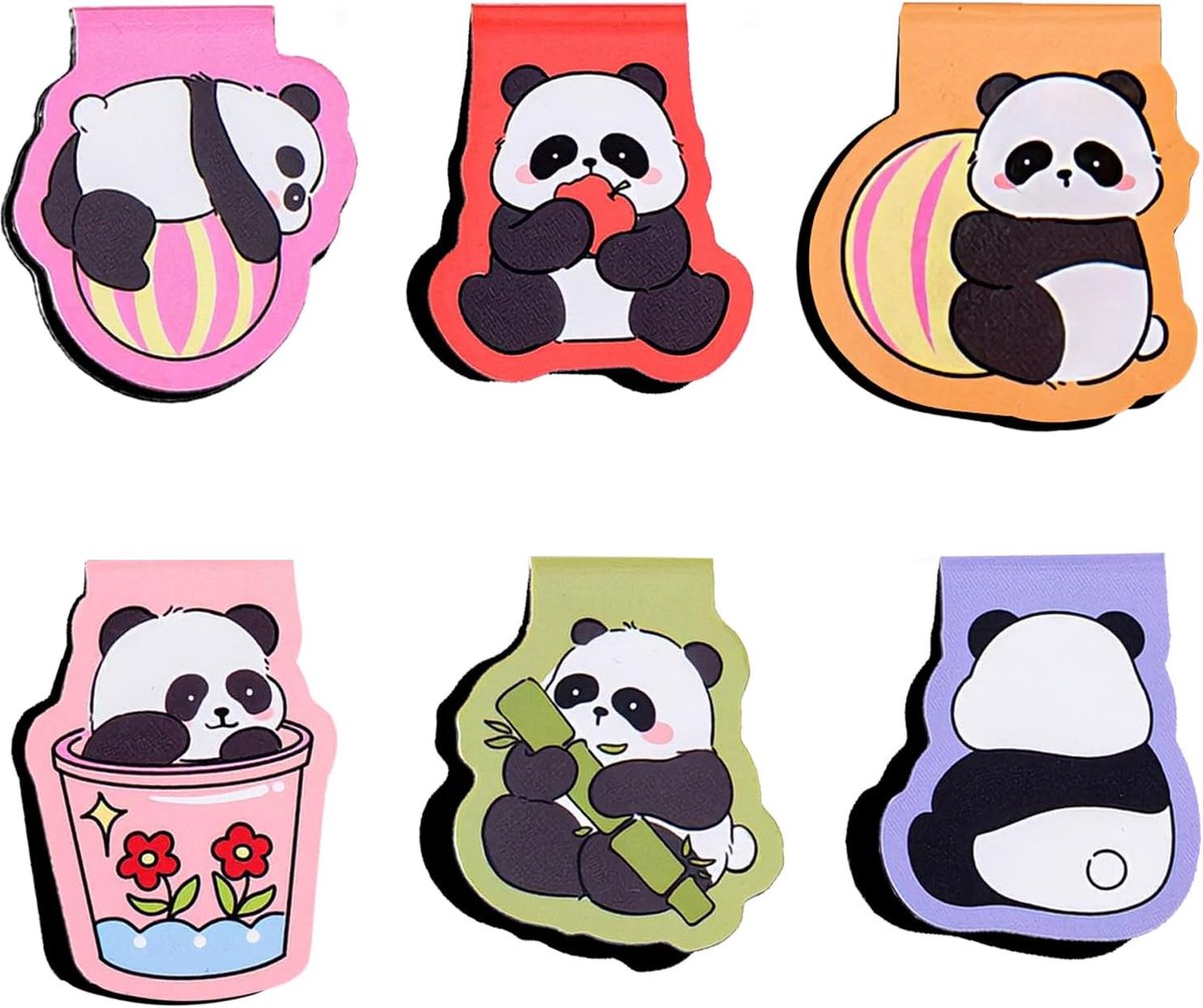 SnelShoppen - Magnetische Boekenleggers voor Kinderen, Set van 6 Panda Motieven, Hoogwaardige Papieren en Magneten, Perfecte Cadeaus voor Studenten en