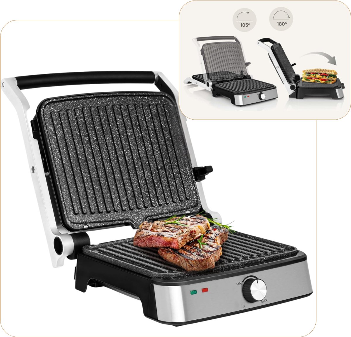 ApexArte® Elektrische Grill - Contactgrill Panini - Snelle Maaltijden - Dubbele Grill Oppervlak
