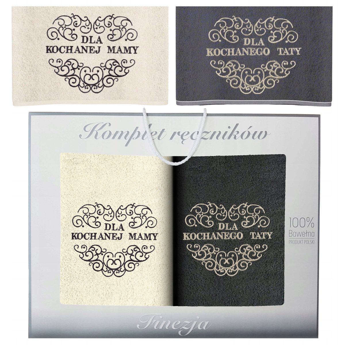 KONEY - Handdoekenset 2-delig - 70 x 140 cm - Grafiet, Ecru - met borduring Mama & Papa - in geschenkdoos