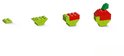 Vier stappen die laten zien hoe je een rode en groene appel bouwt met LEGO-stenen.