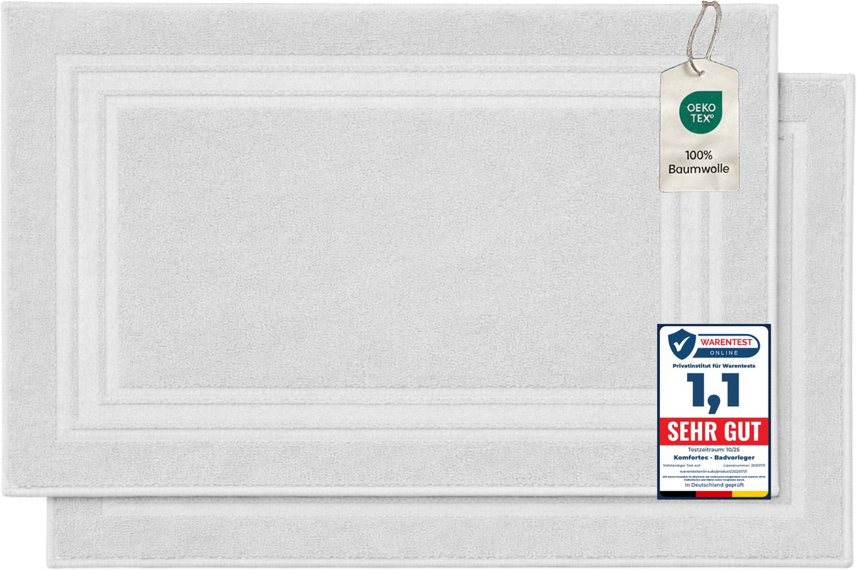 Komfortec Badmat - 2 stuks - Handdoek Dikte - Hotelkwaliteit - Zachte en Absorberende Douchemat - 50x70 cm - 100% Katoen – Wit