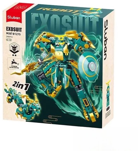 De doos van het Sluban Exosuit Robot Azura Dragon constructiespeelgoed, met de robot en draak afgebeeld.