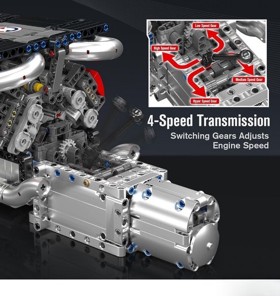 Gedetailleerd V8 motor model met zilveren en rode onderdelen, met een close-up van de 4-traps transmissie met pijlen die de versnellingsbakken aangeven.