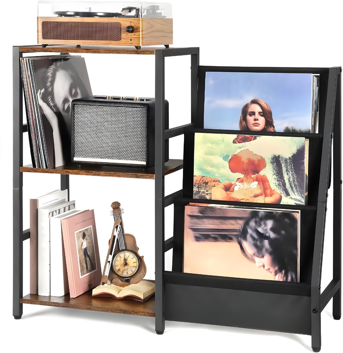 Ploutos® Platenspeler Meubel - Opbergbak Van Vinyl Met 3 Lagen - Maximaal 200 albums - Bruin en Zwart - 30cm x 84cm x 74cm