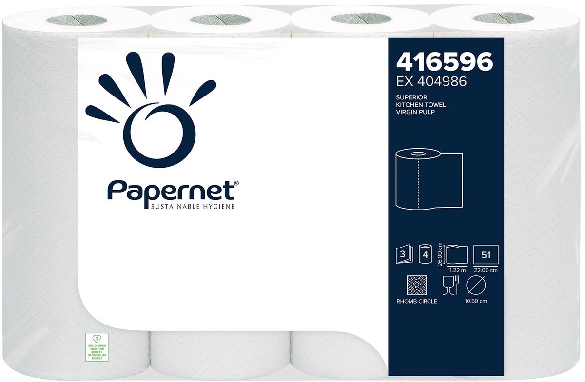SnelShoppen - Papernet Keukenrol 416596, 3-laagse cellulose veegdoeken, 32 rollen, 51 vellen per rol, levensmiddelen veilig, ideaal voor keuken en sch