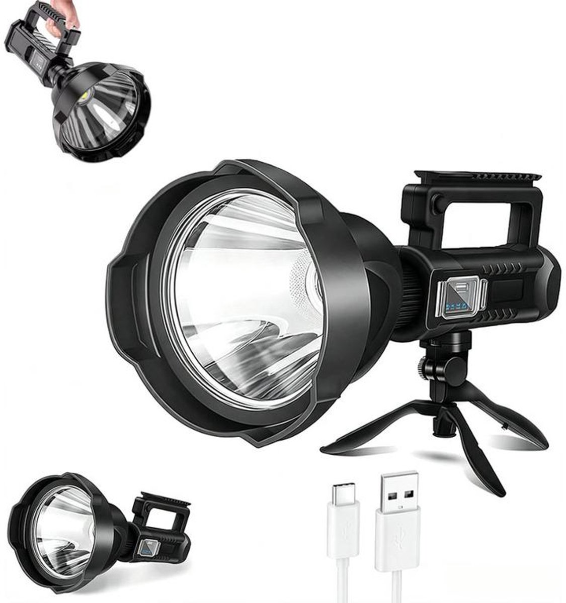 KZQ Professionele krachtige zaklamp – Draagbare LED-schijnwerper met groot bereik – 6000 mAh / 3500 lumen – 4 lichtstanden – Oplaadbaar via USB – IPX4-waterbestendig – Ideaal voor kamperen en buitenactiviteiten – 15,7 x 15,7 x 30 cm - Met standaard