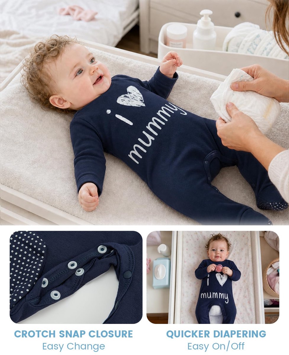 SnelShoppen - Set van 2 Babypyjama's Katoen I Love Mummy Daddy Rompertje Donkerblauw 12-18 Maanden voor Kinderen, Ideaal voor Thuis en Buitenshuis