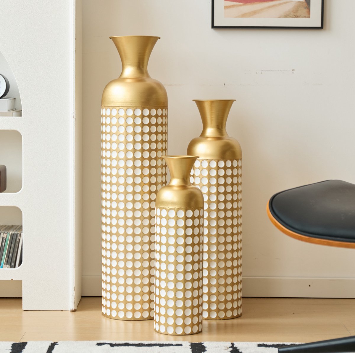 Modenuit Vaas – 3-Delige Set – 83, 66 En 50 Cm – Metaal – Goud En Wit – Voor Droogbloemen En Pampasgras